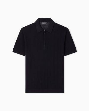 Vertical tuck-stitch jumper with polo-shirt collar