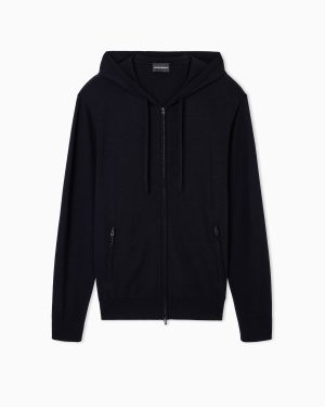 Travel Essential zip-up hooded cardigan in plain-knit virgin wool