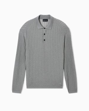 Wool and Lyocell-blend polo collar jumper in a patterned stitch