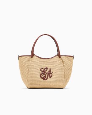 Woven straw medium shopper bag with EA logo