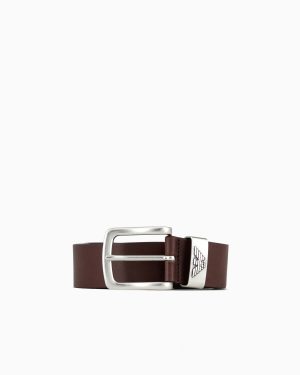 Leather belt with logo buckle